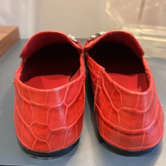 Vince Camuto red croco leather loafer with gunmetal chain on vamp. - Picture 2 of 13